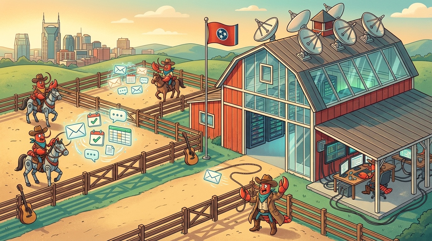 Isometric illustration of the Nashville Lobster Ranch — cowboy-hat-wearing lobsters wrangling emails at a tech ranch with server barn, satellite dishes, and the Nashville skyline at sunset