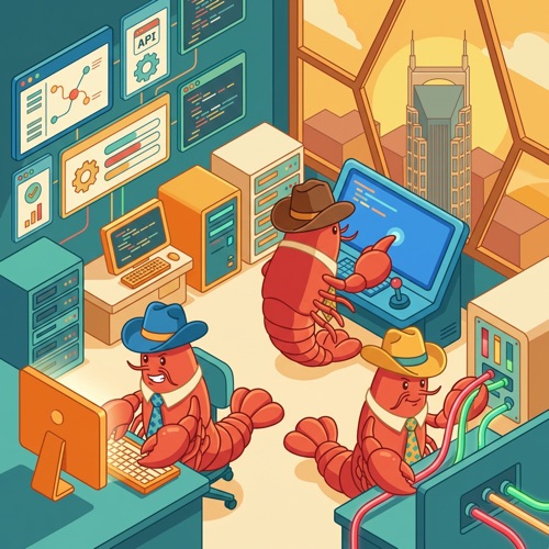 Lobsters in cowboy hats and ties working at computer terminals in a tech control room